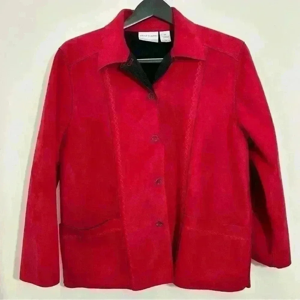 Alfred Dunner Red Suede Jacket Button Front Pockets Textured Detail Sz 16 Y2K